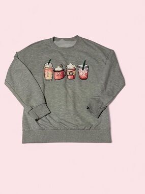 Source Unknown Gray Crewneck Sweatshirt with Pink Beverage Graphic